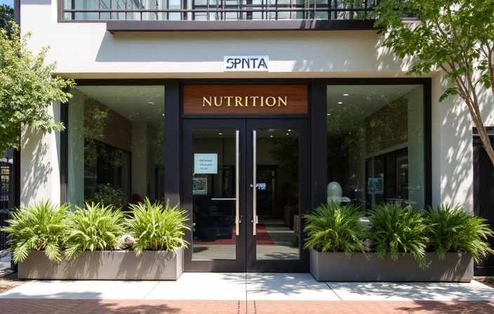 Fachada moderna de una clínica de nutrición con un letrero sutil y plantas en la entrada.